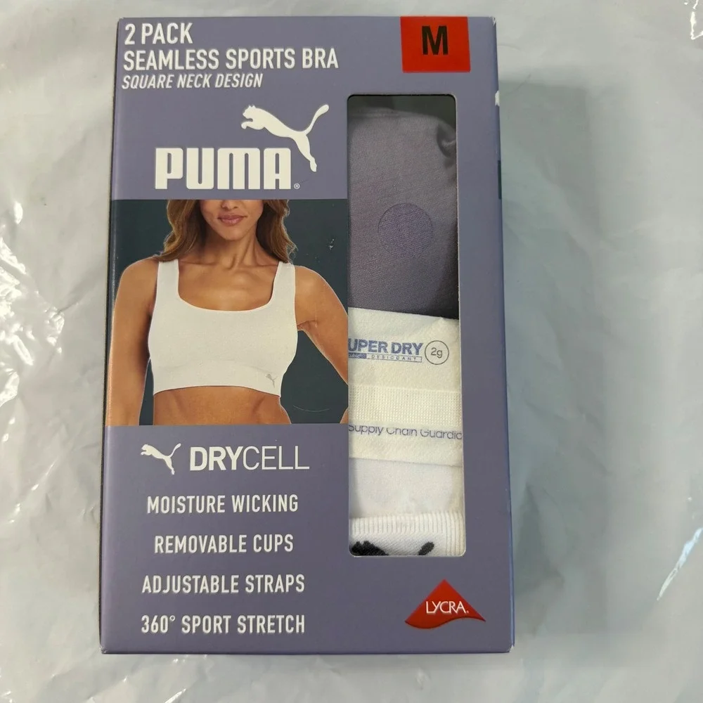 Puma Womens 2 Pack Seamless Sports Bra Square Neck DryCell Purple White Medium